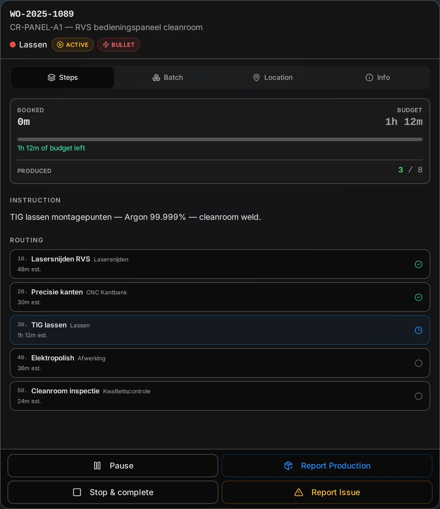 Operator terminal detail panel in dark mode